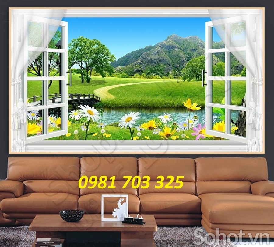 tranh 3D phòng khách, gạch tranh cửa sổ