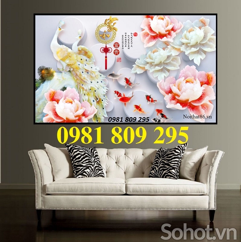 gạch tranh 3d chim công ốp tường phòng khách