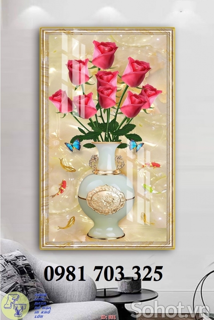 Tranh hoa 3D khổ đứng, tranh gạch ốp tường