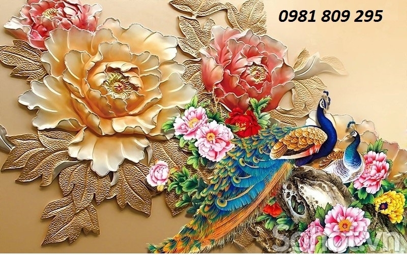 tranh 3d chim công dán tường