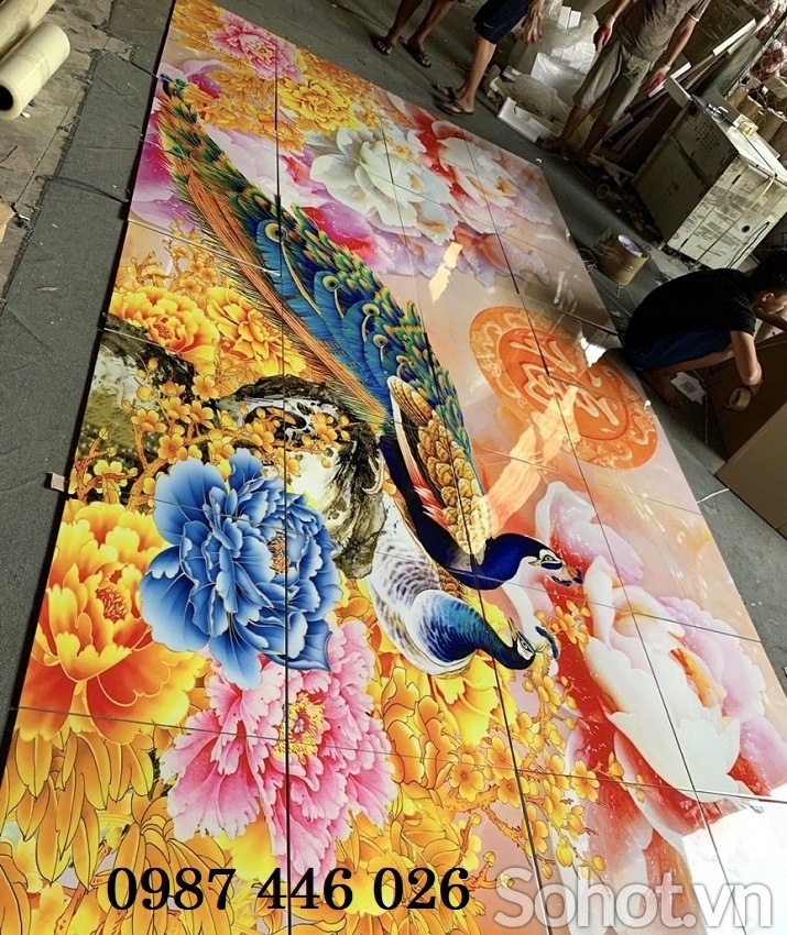 Gạch 3d tranh in chim công thực tế HP9772