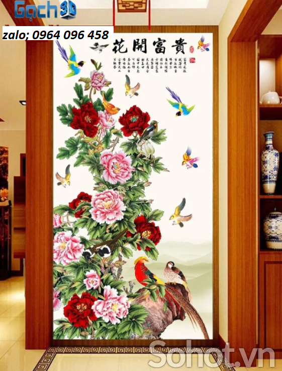 Tranh 3d hoa mẫu đơn - tranh gạch 3d ốp tường - SJKKN85