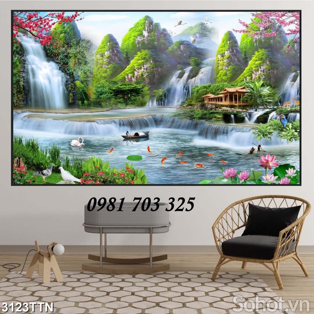 Tranh gạch đẹp 3D phong cảnh thác nước