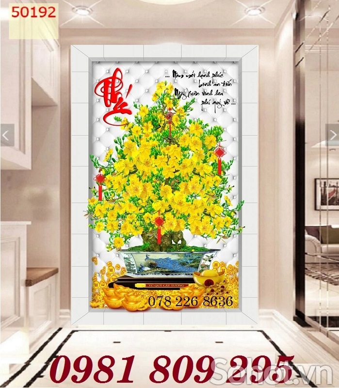 Tranh gạch ốp tường hiên sảnh hoa mai