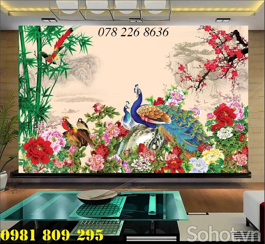 Gạch tranh 3d chim công hoa mẫu đơn -GA89
