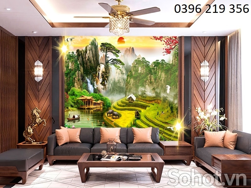 Gạch tranh sơn thủy trang trí tường