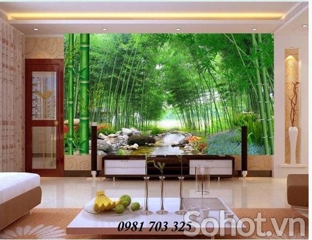 Tranh gạch 3D phòng khách- gạch tranh 3D rừng tre xanh