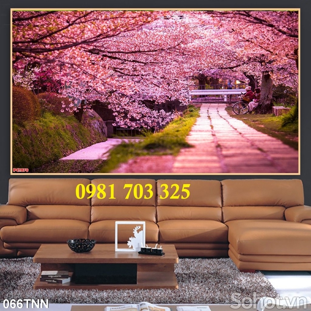 Tranh gạch 3D ốp tường phòng khách, tranh hoa đào