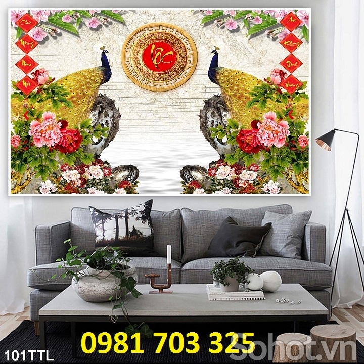 tranh 3D chim công trang trí phòng