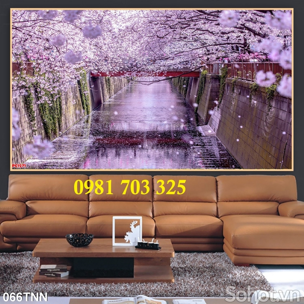 Tranh gạch 3D ốp tường phòng khách, tranh hoa đào