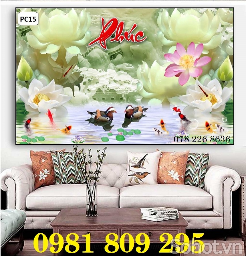 tranh hoa sen - gạch tranh 3d óp phòng khách