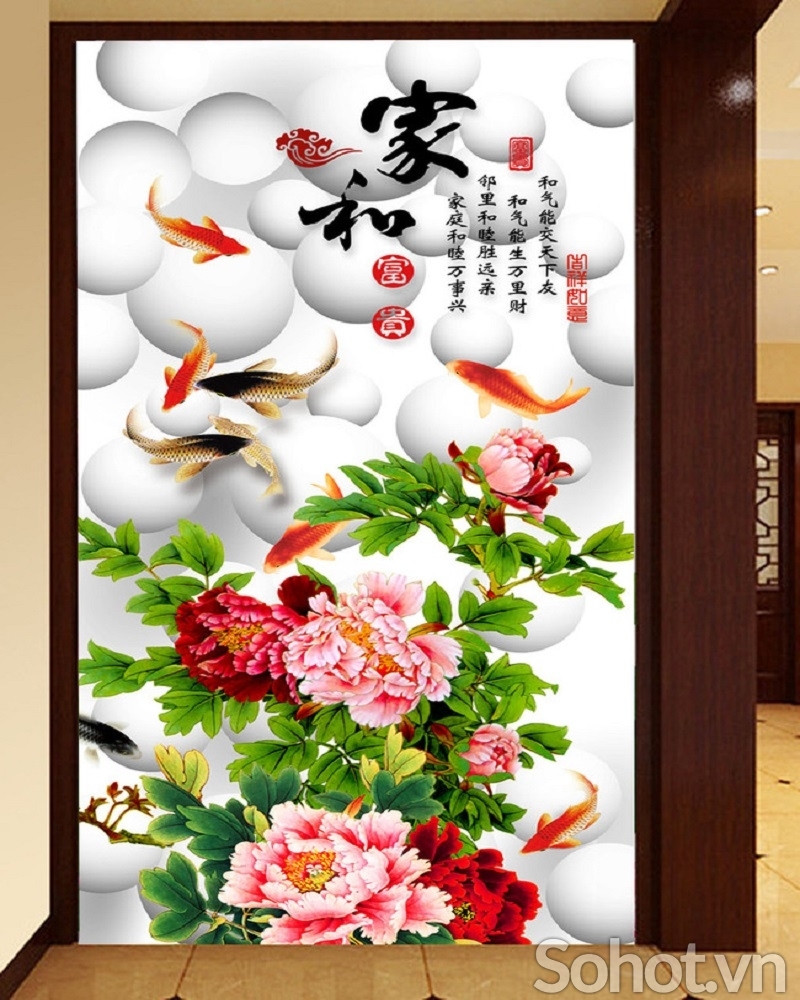 Tranh gạch 3d phong thủy cá chép hoa mẫu đơn - 2999B