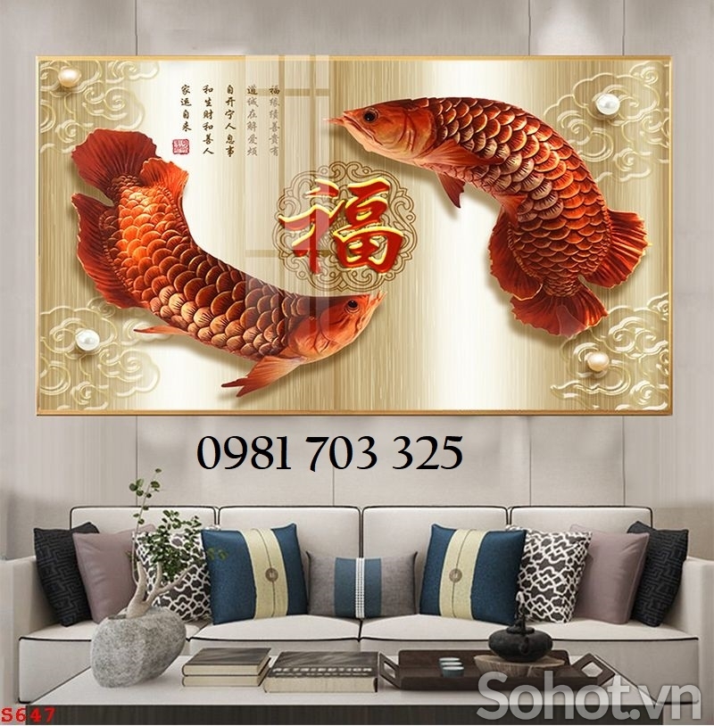 Tranh gạch cá chép hoa đẹp trang trí 3D