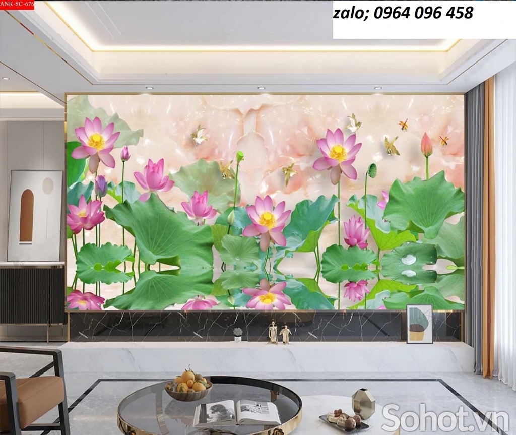 Tranh hoa sen 3d - tranh gạch 3d hoa sen - 74XP