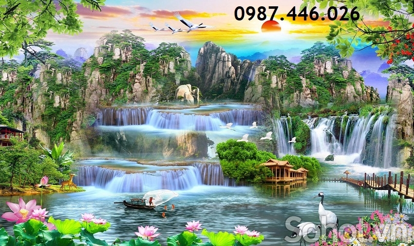 Gạch tranh tường phong cảnh thác nước HP722