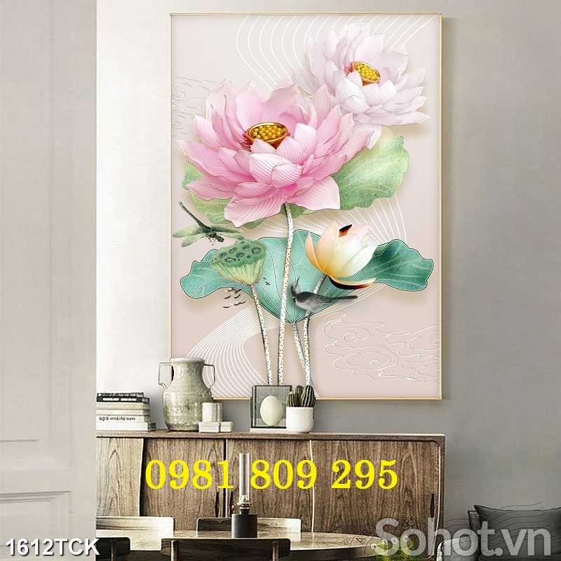 Tranh gạch hoa sen khổ dọc trang trí 3d