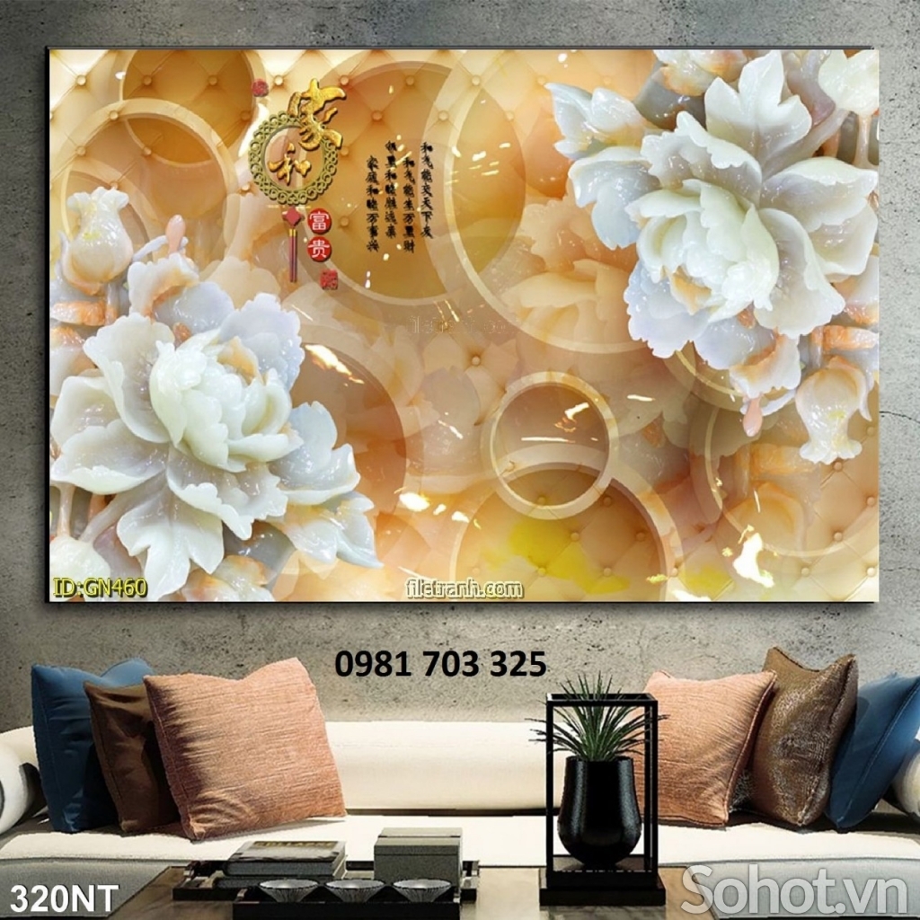 Tranh 3D hoa mẫu đơn, gạch tranh