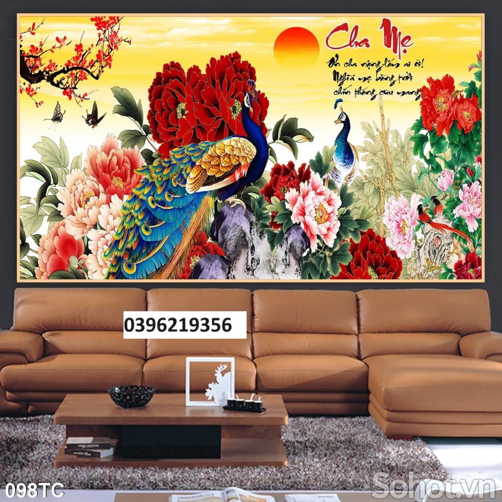 Tranh gạch chim công mẫu đơn trang trí