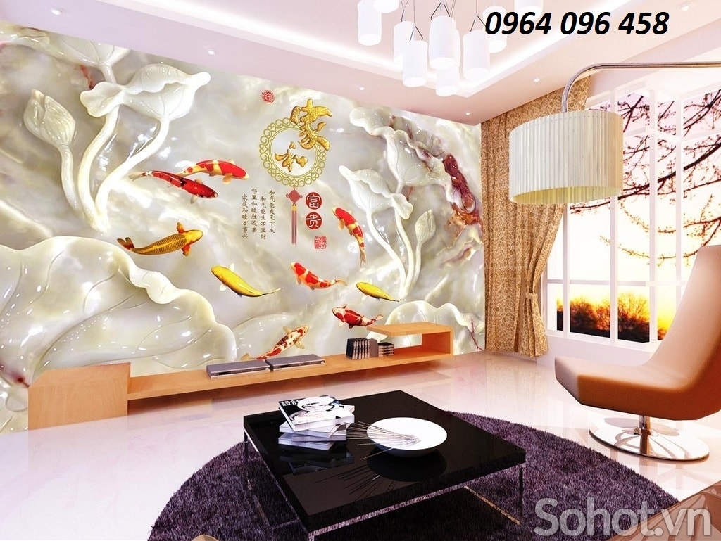 tranh cá chép phong thủy - tranh gạch 3d ốp tường - CVX4