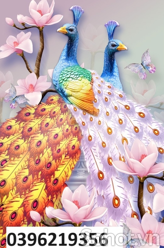 Tranh khổ đứng đẹp chim công 3D