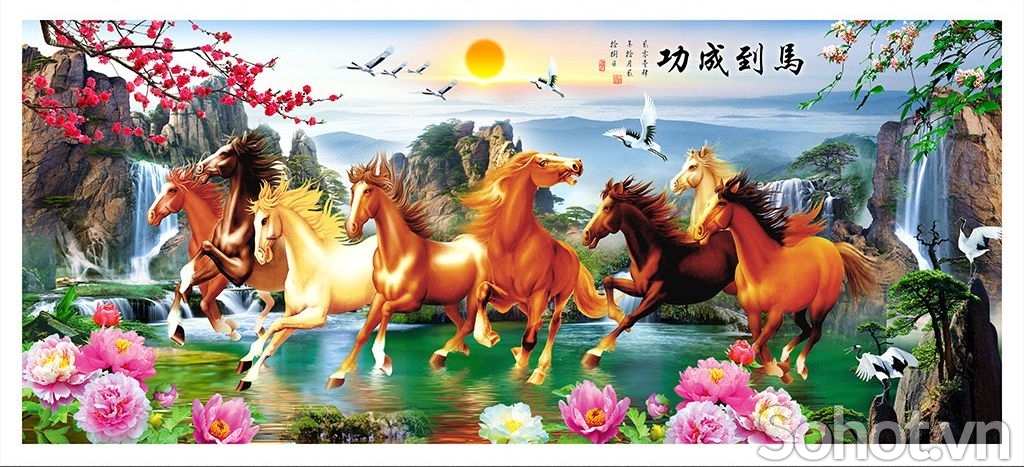 tranh gạch 3d 8 con ngựa