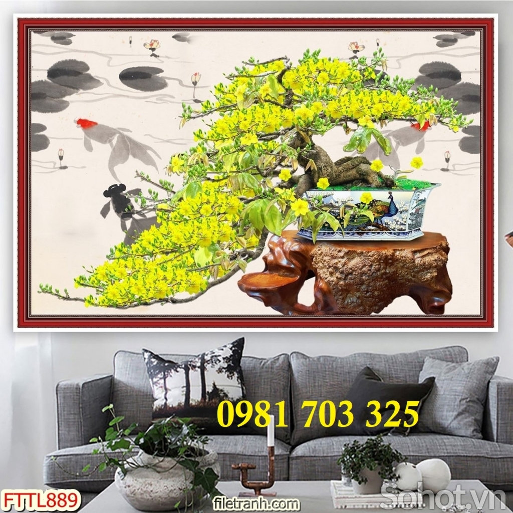 Tranh hoa mai trang trí tường, gạch men 3D