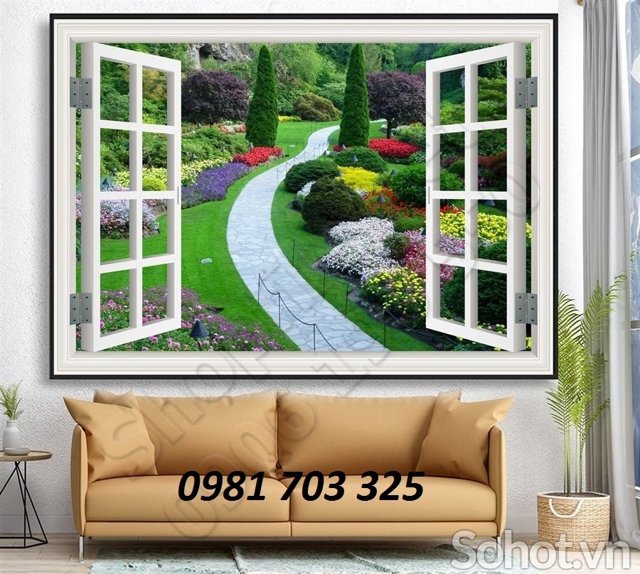 tranh cửa sổ, tranh gạch ốp tường phòng khách