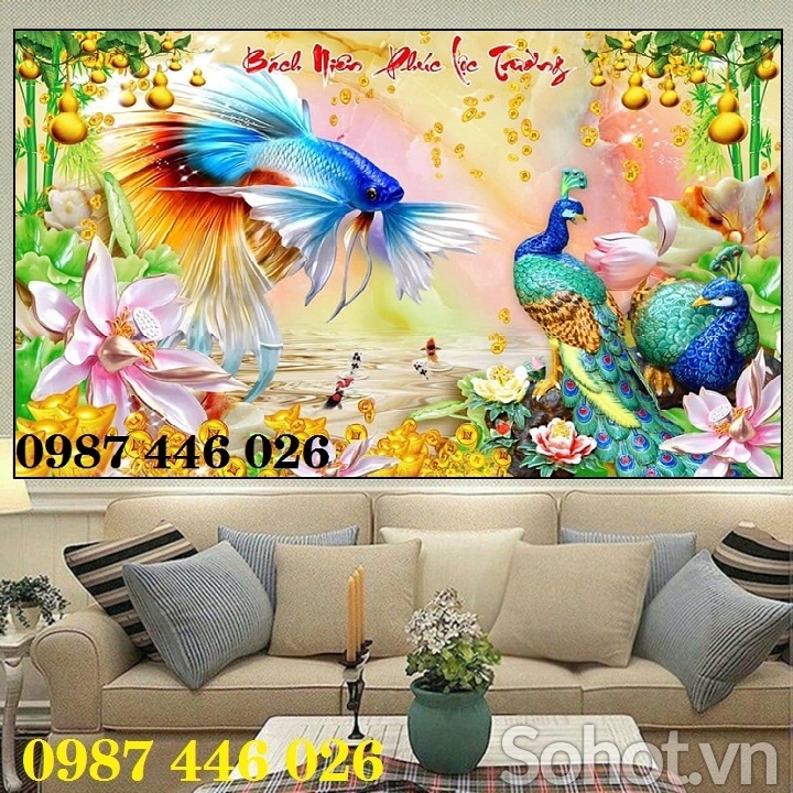 Tranh 3d gạch ốp tường chim công