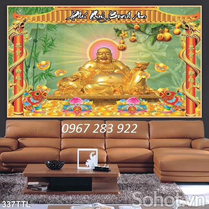 Gạch tranh 3d ốp tường Phật Di Lặc kim tiền