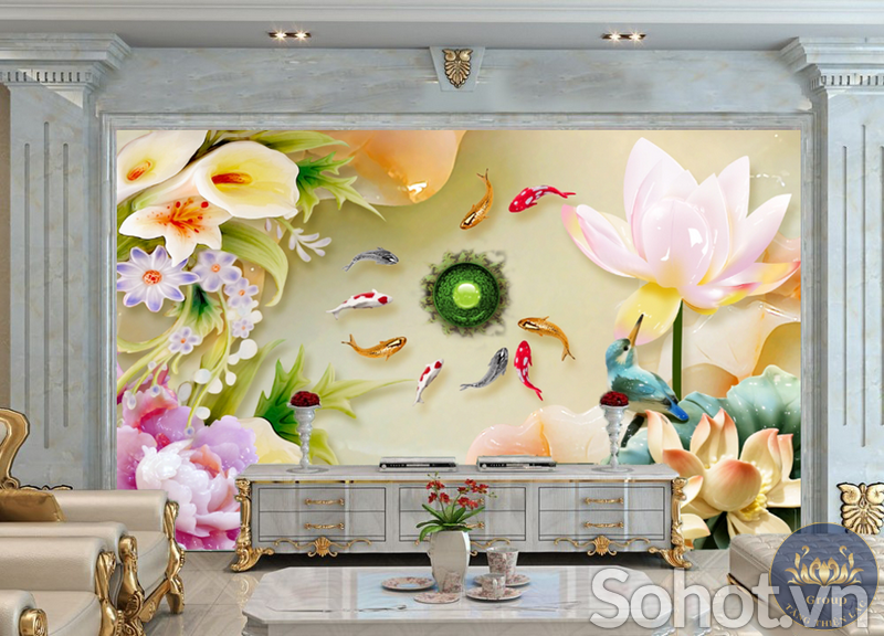 Tranh cá chép 3d tranh gạch 3d cá chép JHG4