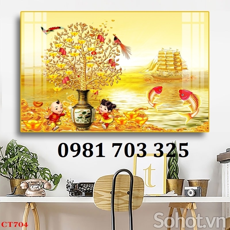 Tranh kim tiền phong thủy, gạch men 3D ốp phòng khách