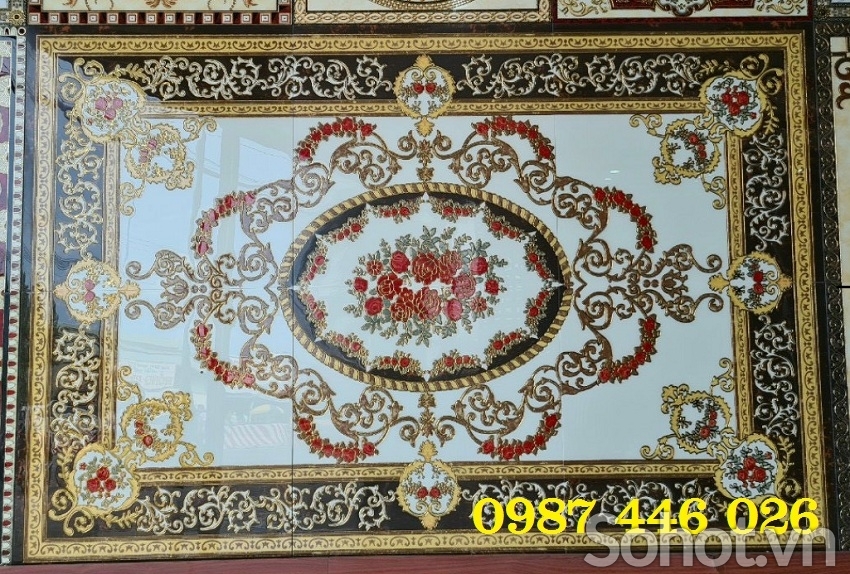 Gạch thảm nền nhà hoa văn khắc vàng HP98283