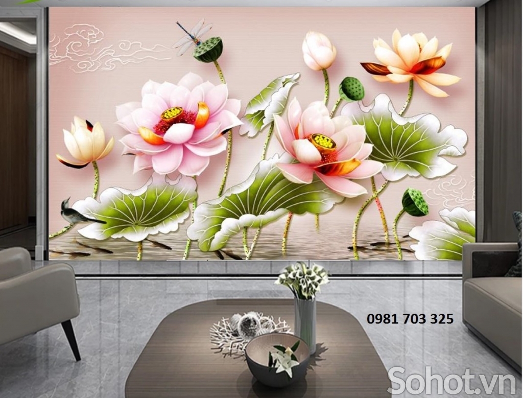 Tranh gạch men 3D phòng khách- tranh hoa sen