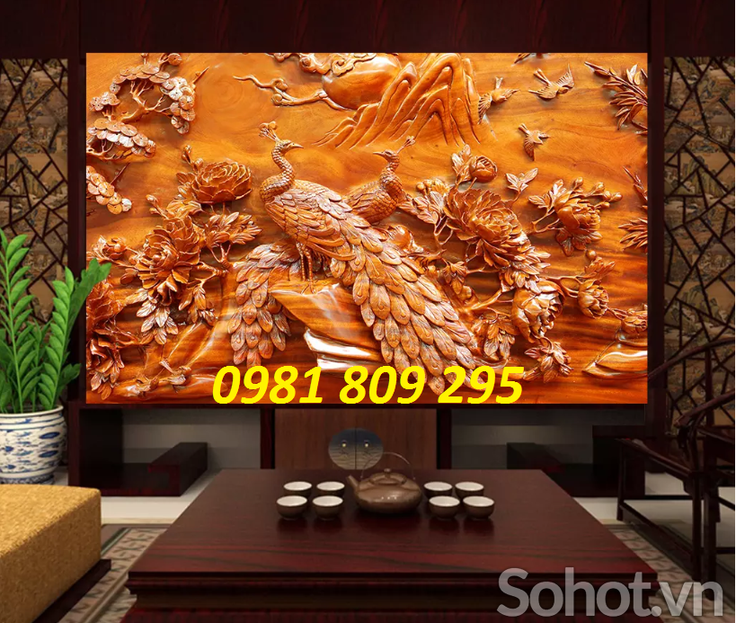 Tranh 3d chim công hoa ngọc vàng- gạch tranh