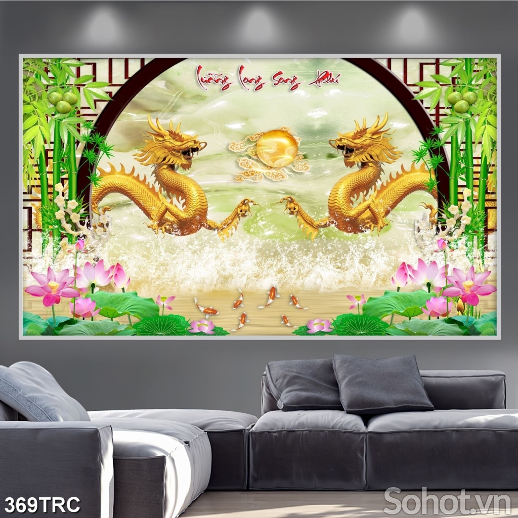 Tranh song long chầu nguyệt chất liệu gạch men