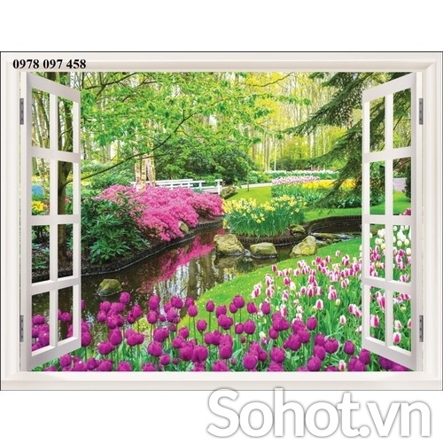 Tranh 3D - tranh cửa sổ vườn hoa