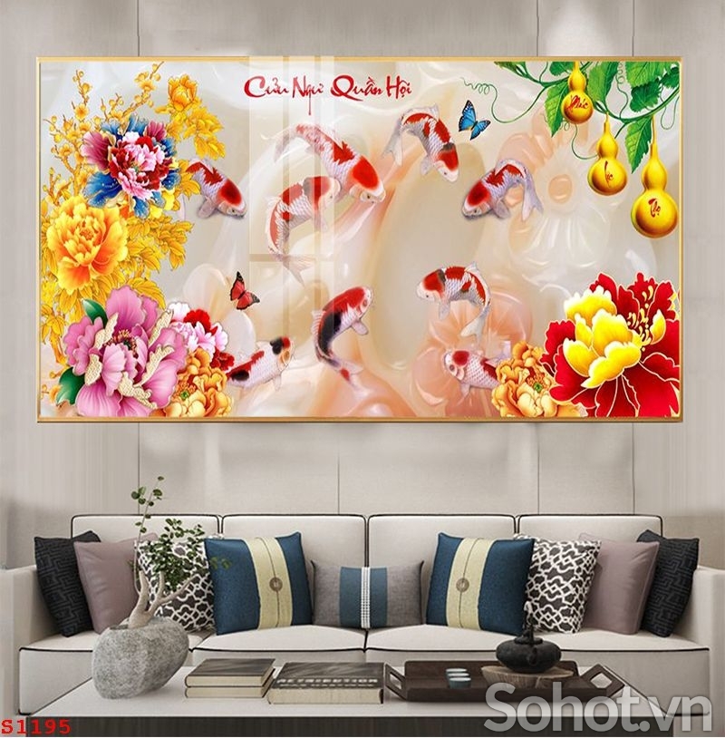 Gạch tranh phong thủy 3D 9 con cá chép