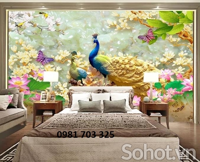 tranh 3D chim công-gạch 3D trang trí