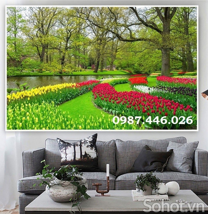 Gạch tranh ốp tường vườn hoa 3d