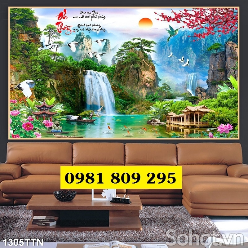 Tranh 3d phòng khách , gạch tranh thác nước