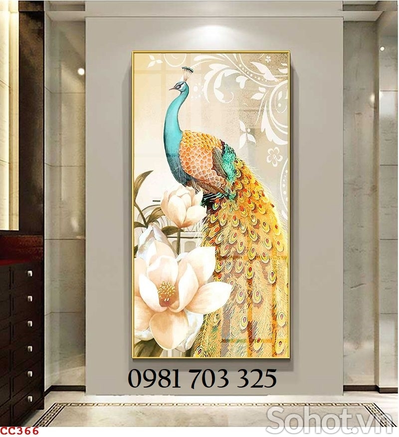 Tranh chim công khổ đứng, gạch men 3D phong thủy