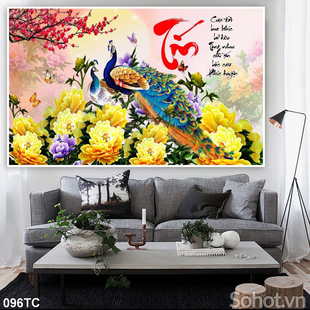 Tranh gạch chim công mẫu đơn 3d trang trí