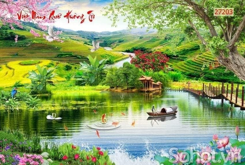 Tranh phong cảnh-Tranh gạch sông nước - Hà Nội 