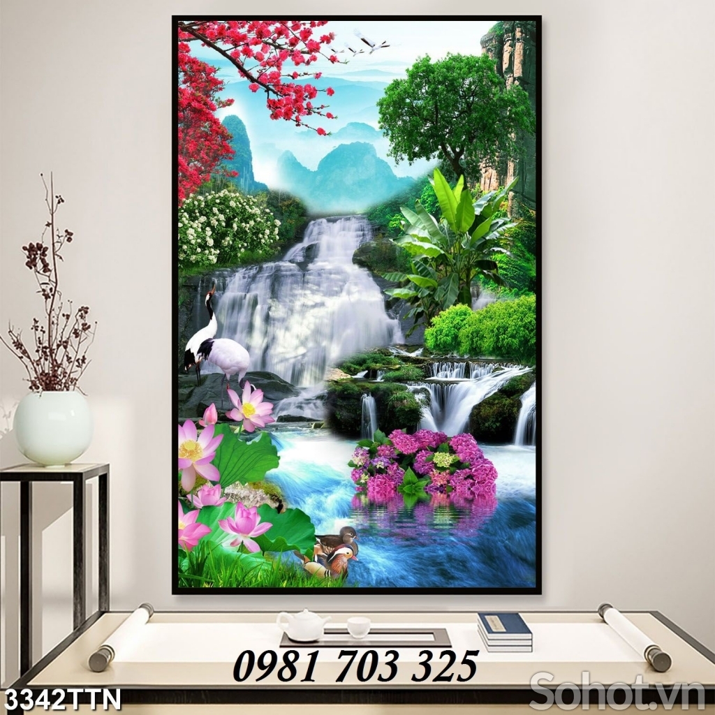 Gạch tranh 3D phong cảnh, tranh thác nước khổ đứng
