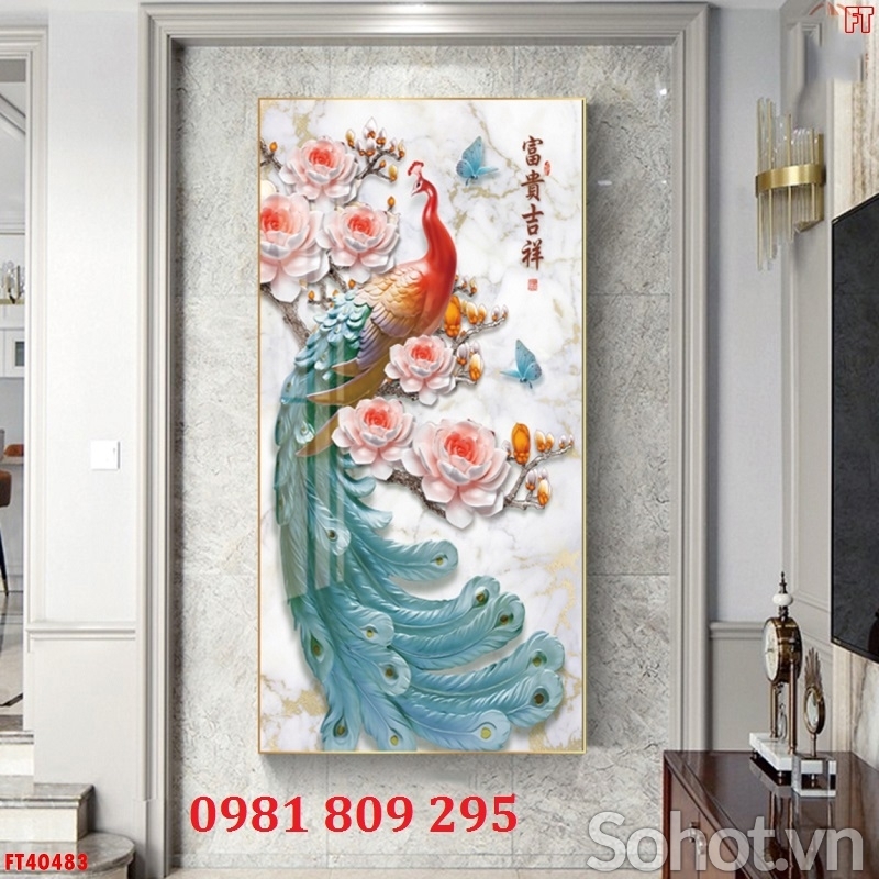 Gach tranh 3d sứ ngọc chim công HP847