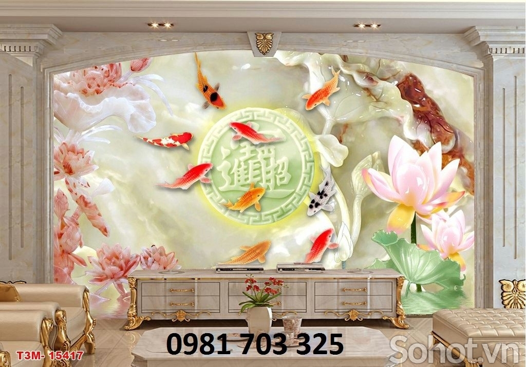 Tranh gạch 3D phong thủy hoa sen cá chép