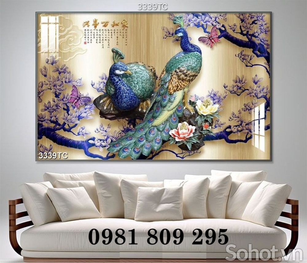 Tranh gạch ốp tường chim công 3d