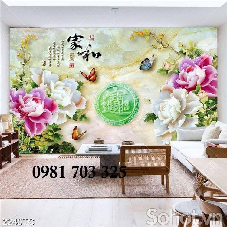 Tranh gạch hoa mẫu đơn 3D