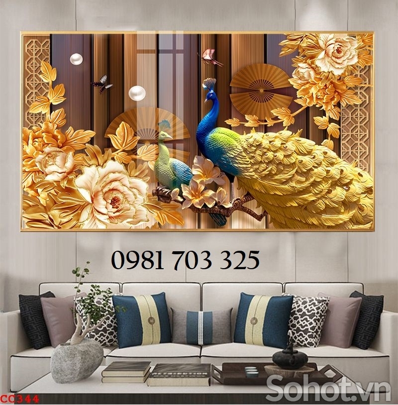 Tranh phong thủy, gạch tranh 3D 2 con chim công