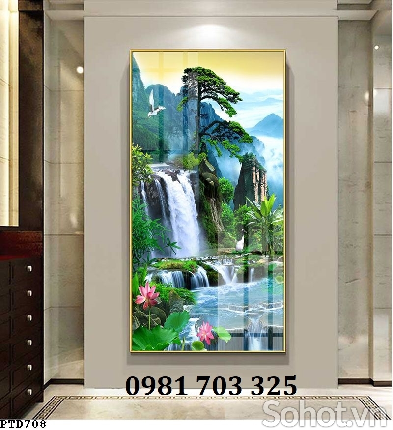 Tranh gạch men khổ đứng phong cảnh thác nước